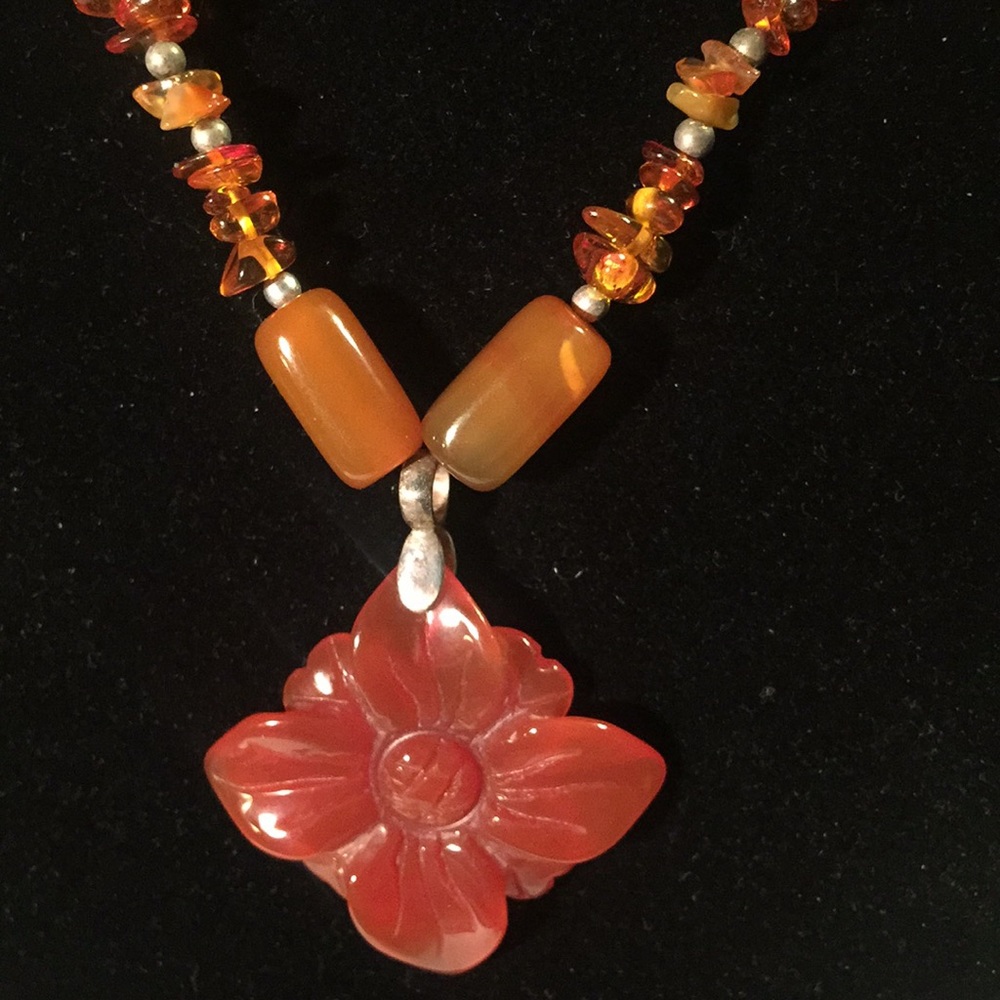 GSJ Carved carnelian stone flower and sterling